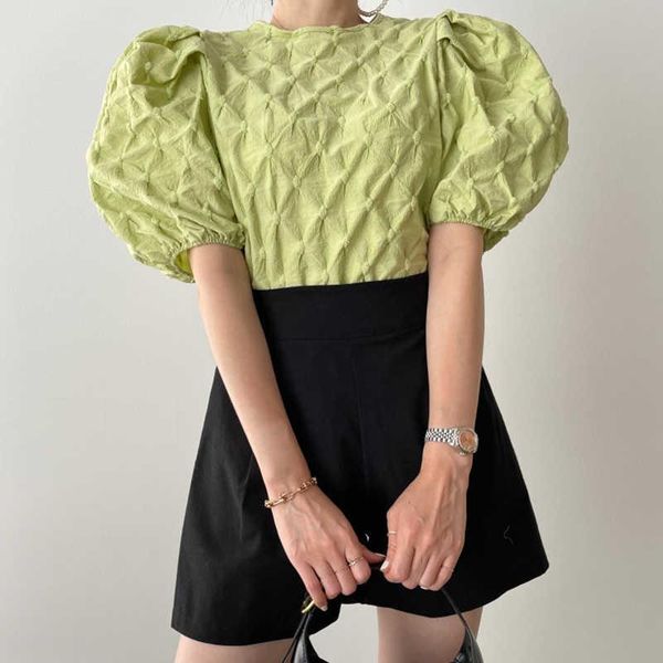 

women's tracksuits [ewq] korea trendy women casual fashion o neck solid pleated puff sleeve shirt+elastic high waist shorts suit summer, Gray