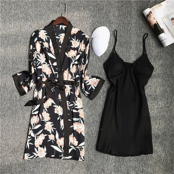 

women's sleepwear pajamas dress sleep set for women home nightwear summer thin print floral robe clothing with chest pads, Black;red