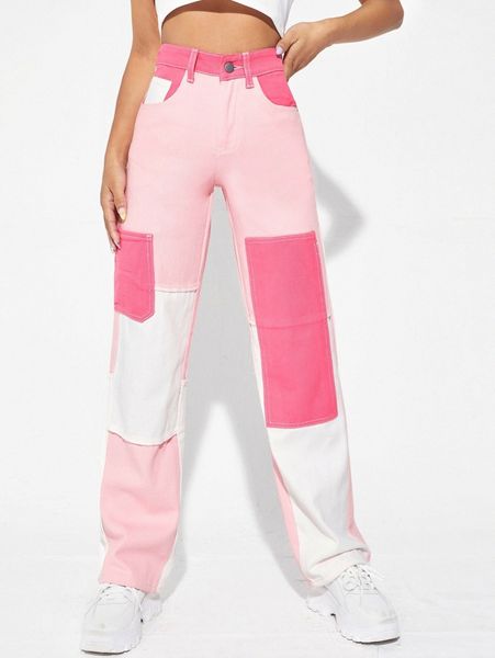 

high waist color block straight jeans 29bg#, Blue