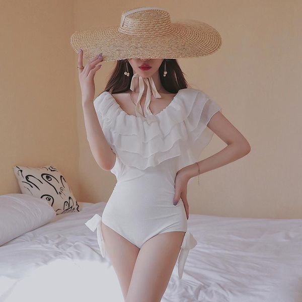 

one-piece suits one piece swim badpak plus size sea swimsuit push up triquini woman 2021 white backless polyester korean solid bikini