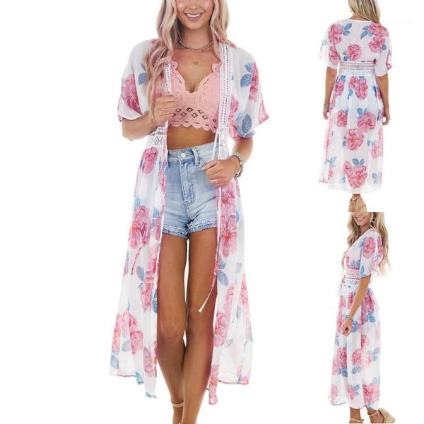 

women's swimwear bohemian floral print swimsuit cover up kimono chiffon shawl summer beach dress lace cardigan women bandage short slee, White;black