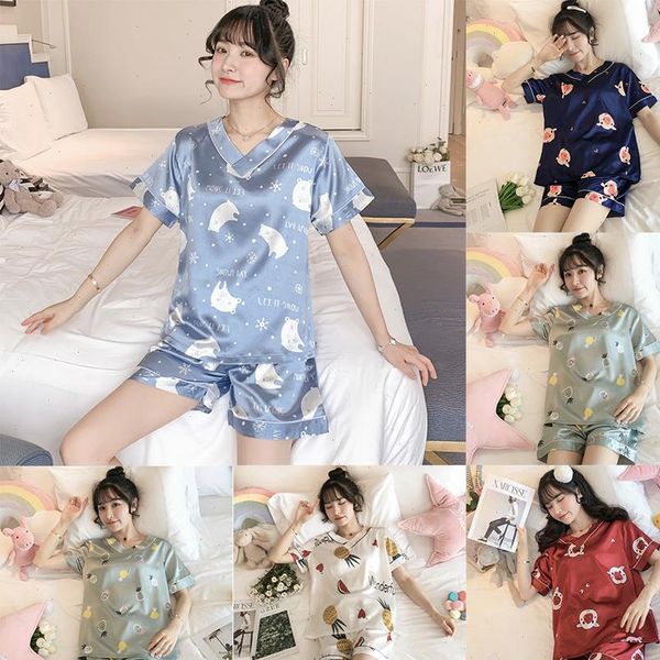 

summer short sleeve pajamas set womens sleepwears cute lingerie silk plus size nightwear animal cartoon home clothes, Black;red