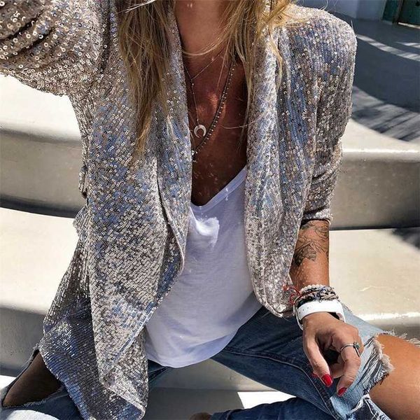 

sequin blazers jacket silver long sleeve women notched elegant suit glitter shiny outwear office lady blazer 211122, White;black
