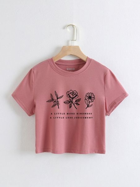 

floral & slogan graphic tee b4r6#, White