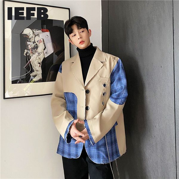 IEFB Koreanische blaue bezahlte Farbblock-Patchwork-Blazer für Männer, Frühlingsdesign, Chian-Anzugmantel, Herren-Streetwear-Mantel, roh 9Y4396 210524