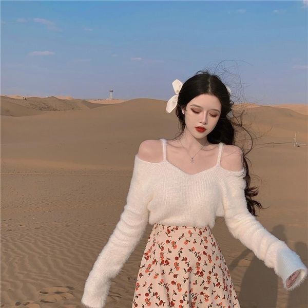 

women's sweaters autumn / winter 2021, retro white knitted sweater, mohair, suspender collar pullover long sleeve fashion, White;black