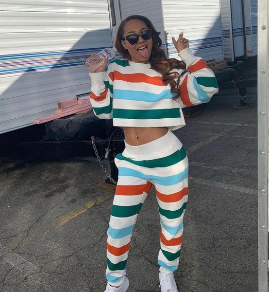 

two piece dress autumn ladies suit casual sportswear rainbow striped fashion long-sleeved shirt and trousers sports fitness two-piece, White