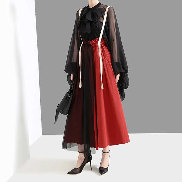 

spring and autumn skirts women korean-style fashion cotton linen ladies skirt high waist mesh femake 210615, Black