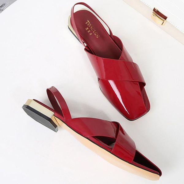 

hollow out square toe patent leather gladiator sandals woman back strap slingback summer shoes women thich low heels sandalias, Black