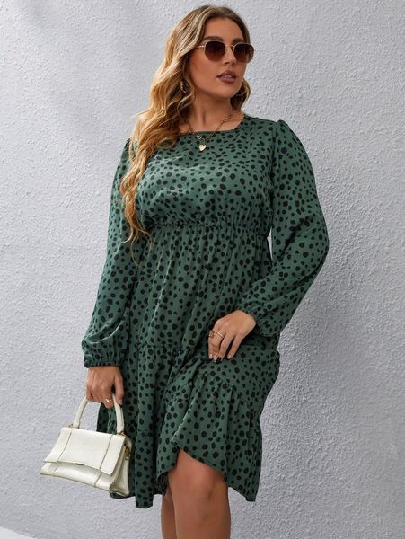 

plus dalmatian print ruffle hem dress x9js#, Black