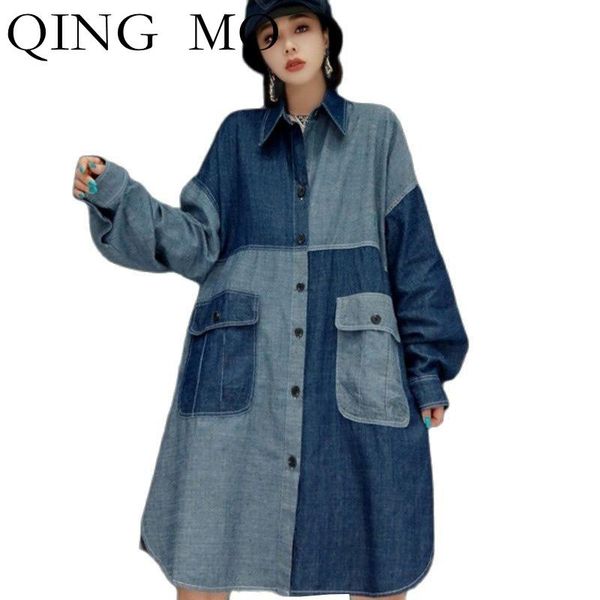

women's blouses & shirts qing mo autumn fashion black blouse denim contrast stitching 2021 trend loose large size shirt dress blue zwl3, White