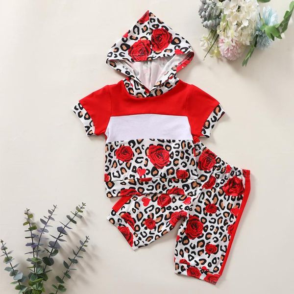 

0-18m infant kids baby girls boys leopard floral splicing printing hooded short sleeve + shorts outfits set 2021 mar 30 clothing sets, White