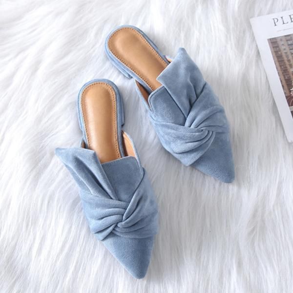 

slippers elegant bowtie women mules pointed toe flat shoes for fashion slip on plus size 35-4111, Black