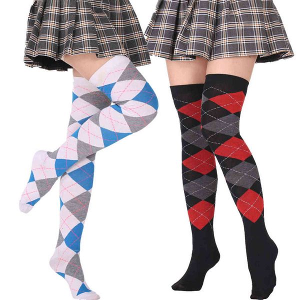 Носки клетки женские забавные рождественские подарки сексуальные бедра высокие нейлоновые длинные чулки милая одежда на коленные носки Y1119