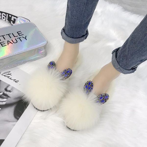 

furry slippers women wear real fur fall/winter lazy slides for shoes, Black