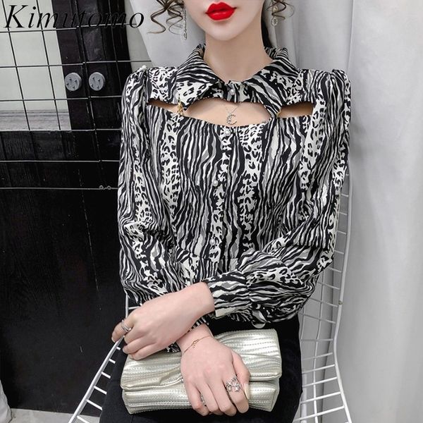

kimutomo vintage leopard blouse women hong kong style ladies turn-down collar single breasted long sleeve short shirt 210521, White