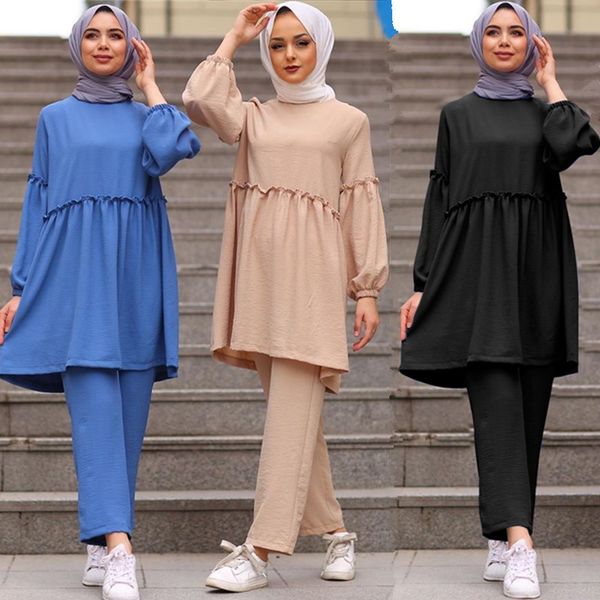 

ramadan two piece set muslim women sets arab turkey islam solid and long pant islamic clothing abaya musulman ensembles, Red