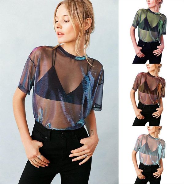 

fashion summer mesh net short women shirts sleeves transparent party club wear, White