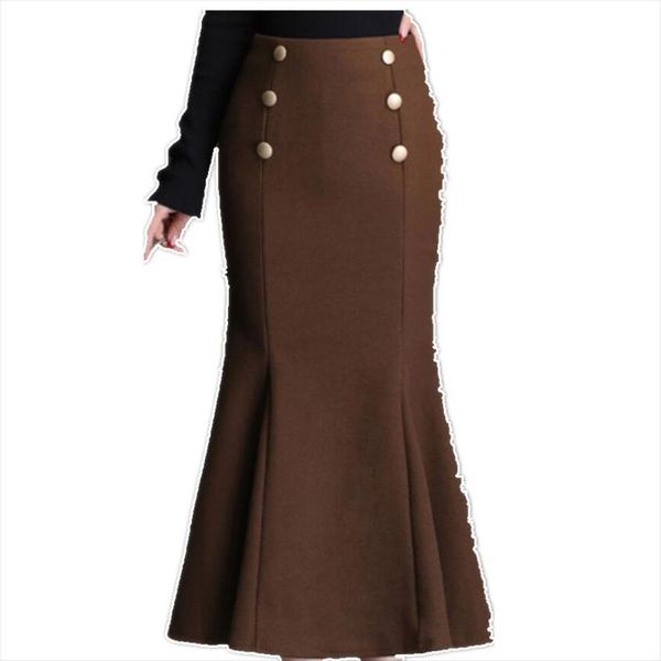 

plus size 4xlautumn winter fashion womens skirts double breasted woolen trumpet women midi high waist package hip mermaid, Black