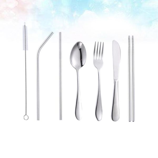 

dinnerware sets 7pcs stainless steel portable tableware travel spoon fork straw cutting tool black bag