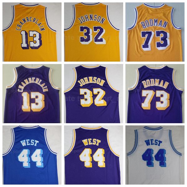 

men vintage basketball wilt chamberlain jersey 13 dennis rodman 73 jerry west 44 artest worthy johnson 32 stitched yellow purple, Black