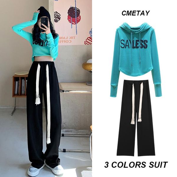 

women's two piece pants women fashion tracksuit hoodie 2 set female suit 2021 autumn short sweatshirt + casual drawstring wide leg trou, White