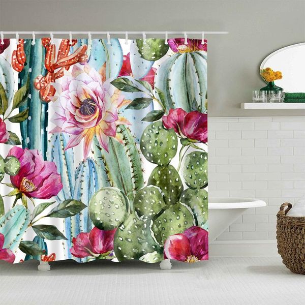 

cactus flower scenery shower curtains ocean beach sea wave coconut tree water color leaf plants landscape bathroom cloth curtain