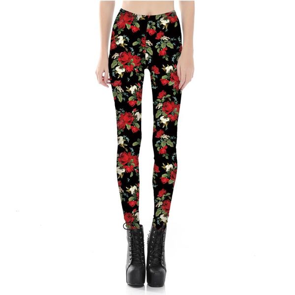 

women's leggings red rose print women workout s to 4xl big size black fitness casual floral blue pants