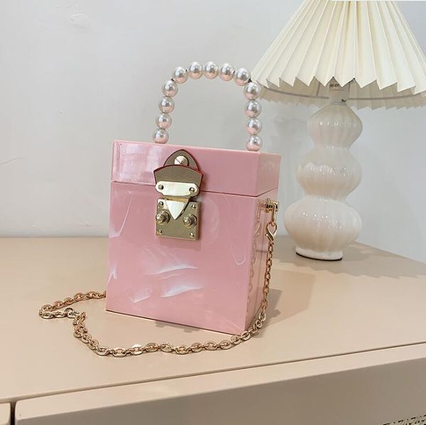 

wholesale women handbag small fresh solid color hard box chain bag sweet candy-colored acrylic square handbags street trend marble beads fas, Black;red