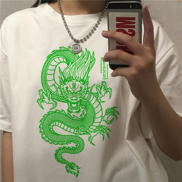 

chinese dragon printing large size women t shirt loose summer vintage harajuku pattern streetwear womens clothing, White