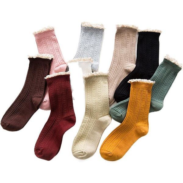 

japanese harajuku style lace woman socks cotton solid color retro ladies calcetines meias b0033 & hosiery, Black;white