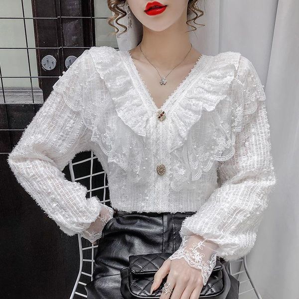 

women's blouses & shirts 2021 spring autumn women deep v-neck button long sleeve slim fashion elegant lady lace ruffles shirt b15, White