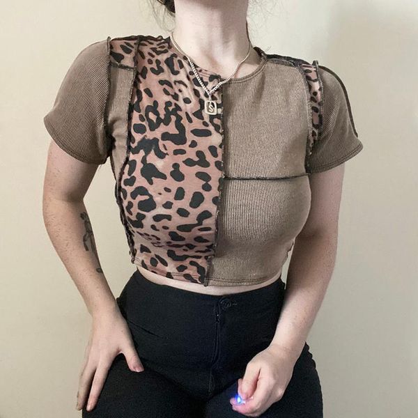 

women's t-shirt women patchwork crop chic short sleeve round neck stitching leopard color block tee brown, White