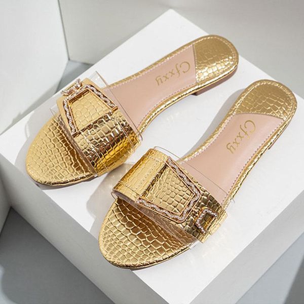 

women slippers flat heel silver gold buckle slides shoes summer outdoor beach transparent sandals slipper female flip flop, Black