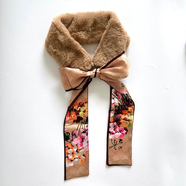 

winter scarf plaid print fur collar female plush korean faux hair keep warm brand scarves luxury, Blue;gray