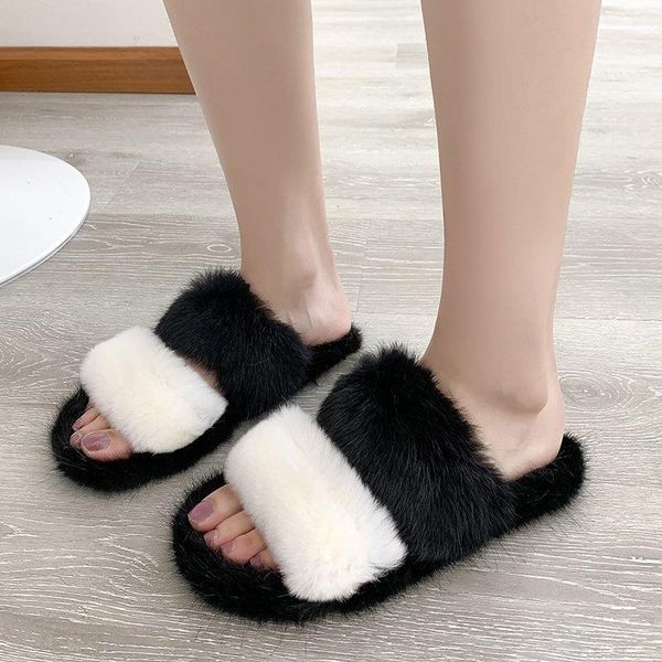 

women furry slippers ladies shoes cute plush fluffy women's fur winter warm large size, Black