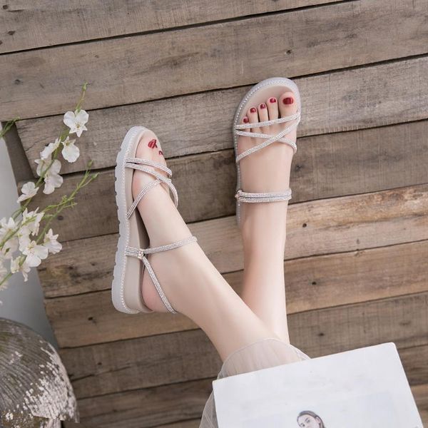 

sandals 2021 summer platform shoes woman flat sandalias gladiator rhinestone clear beach transparent flip flops slides, Black