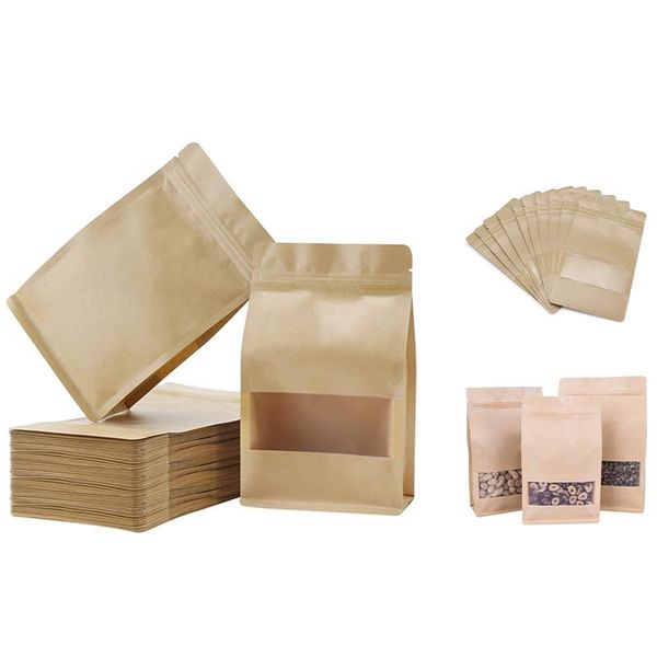 

storage bags 50pcs standing bag, reusable sealed bag with kraft paper frosted window, re-closable for nut bean tea