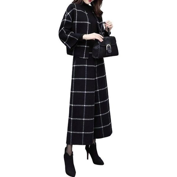 

two piece dress metermall autumn winter plaid jacket loose pants 2 set casual fashion suit for women, White