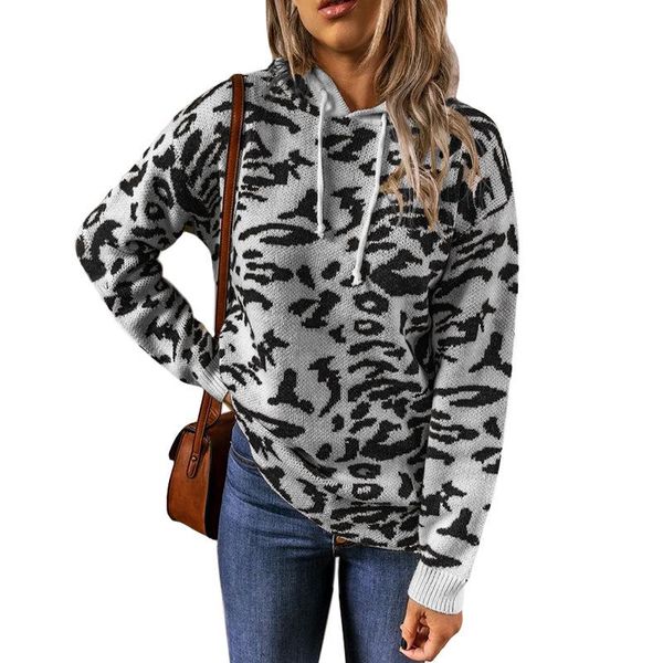 

women's sweaters autumn and winter leopard print hooded sweater drawstring loose comfortable my19064, White;black