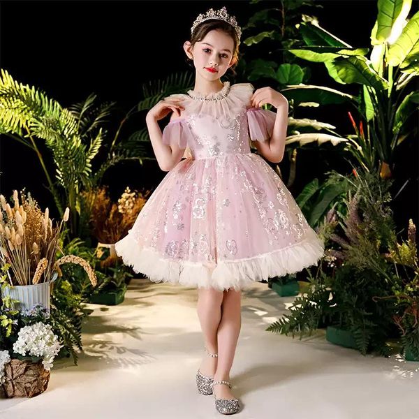 

flower girl dresses illusion o-neck short crystal sequined princess knee-length tulle lace off the shoulder kids party gown h451 girl's, Red;yellow