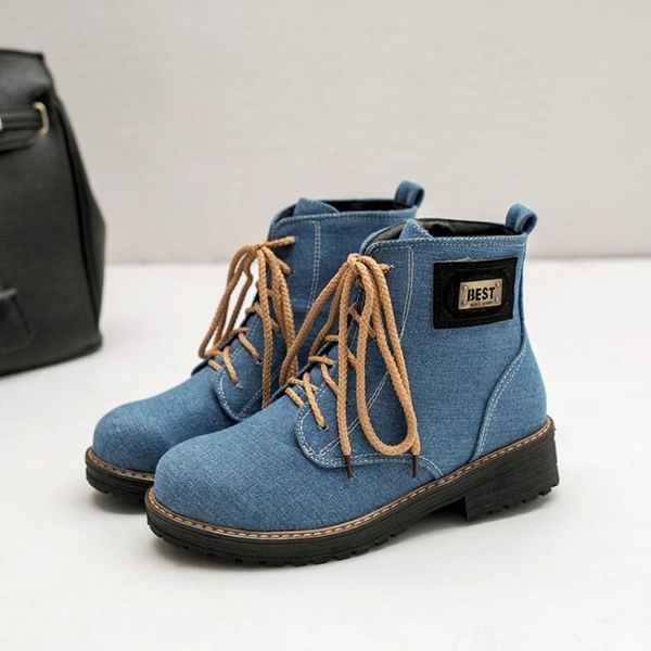 

boots us4-11 womens roune toe denim jeans flock ankle lace up oxfords metal sheet punk motorcycle shoes 5colors plus si, Black