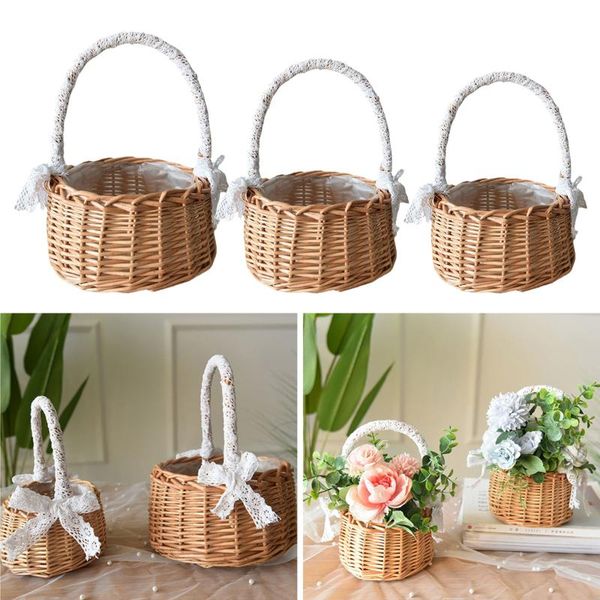 

storage baskets fresh rattan woven basket with handles lace bow decoration flower indoor outdoor bin