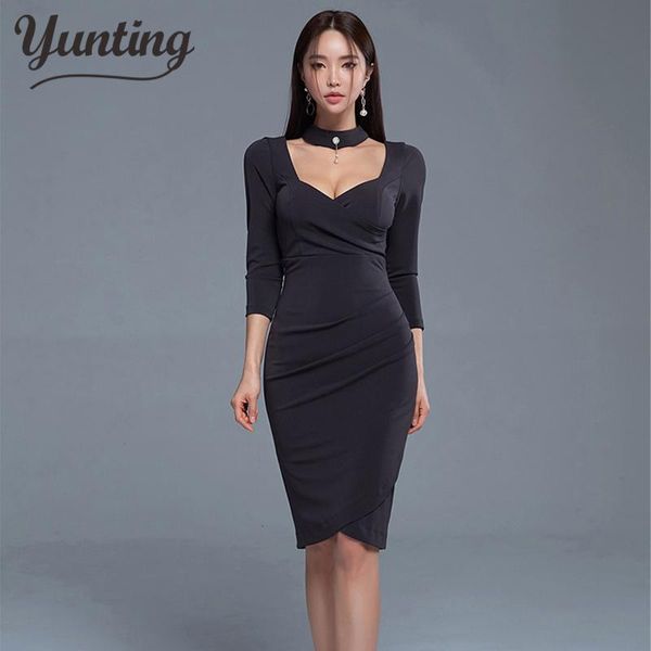 

square collar pencil bodycon dress women 2021 autumn sheath dresses ol black work bottoming vestidos casual, Black;gray