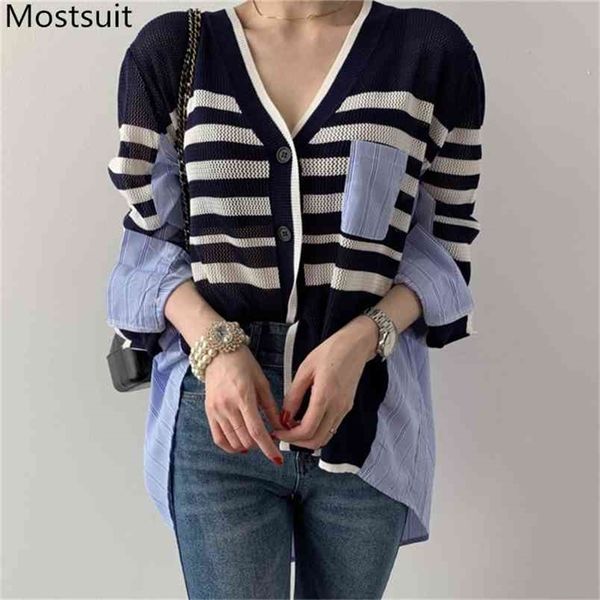 

autumn korean striped knitted spliced shirt cardigans women fashion stylish long sleeve v-neck single-breasted femme 210513, White;black