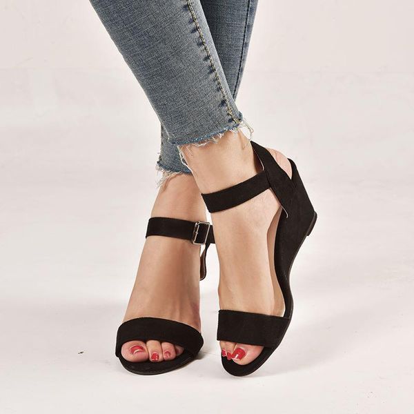 

sandals vintage wedges women 2021 summer roman shoes woman buckle strap open toe solid casual sandalias mujer, Black