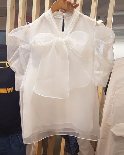 

summer new design bow puff sleeve white chiffon shirt women blouse 210421