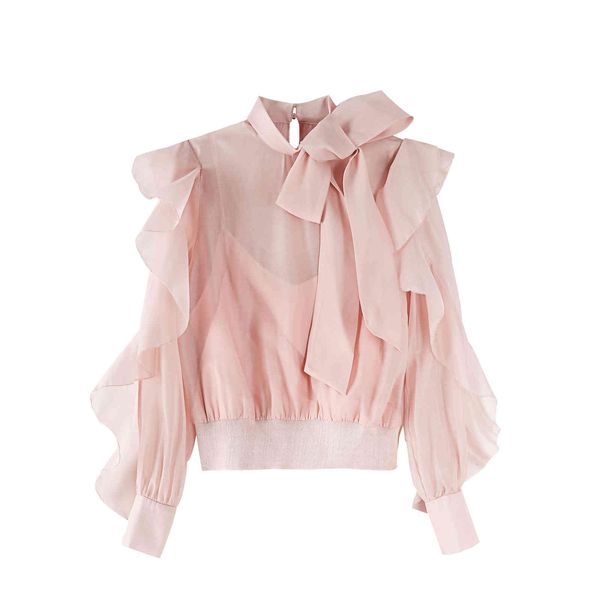 

spring new pink bow chiffon shirt women's fake two-piece ruffled sunscreen short jacket 210421, White