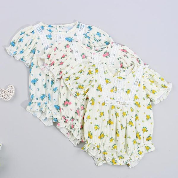 

jumpsuits 2021 born summer floral romper, baby girls lace trim round neck ruffle sleeve playsuit, Blue