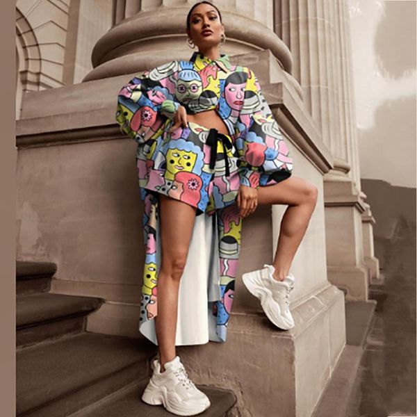 

women's tracksuits 2021 spring autumn 2 pieces sets cartoon print blouse long shirt women and shorts set two piece tracksuit, Gray